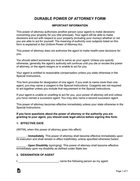 Free Power Of Attorney POA Form PDF Word EForms