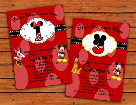Minnie And Mickey Mouse Birthday Party Invitation 4x6 Or 5x7