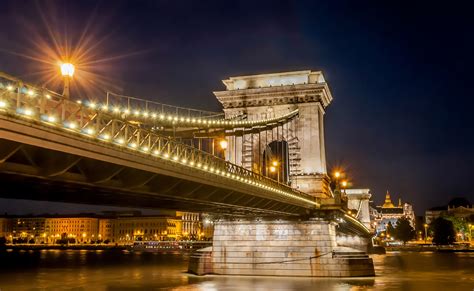 Closeup Of The Bridge At Night With The Lights In Budapest Hungary