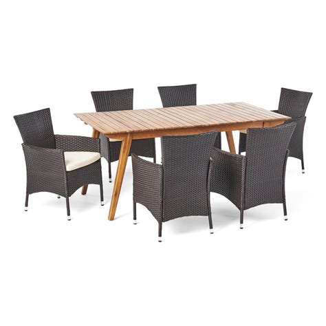 Saiman Outdoor 7 Piece 6 Seater Acacia Wood And Wicker Dining Set With