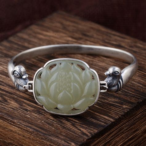 925 Sterling Silver Hetian Jade Bracelets For Women Engraved Lotus