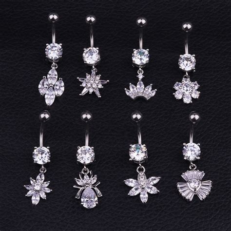 1pc 316l Surgical Steel Drop Body Jewelry Sexy Cubic Zirconia Flower Crown Dangle Belly Piercing