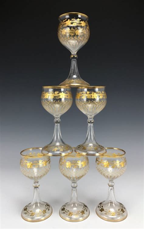 Set Of 6 Gilt Moser Wine Glasses