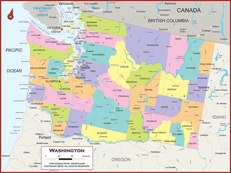 42 X 32 Washington State Wall Map Poster With Counties Classroom