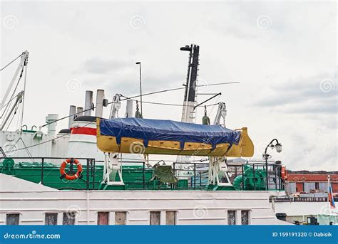 Close Up Lifeboat On Cargo Ship In The Port Stock Photo Image Of
