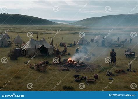 Nomadic Tribe Setting Up Camp In Green Meadow With Tents And Cooking