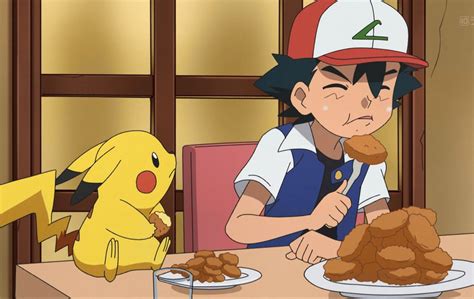 Pikachu And Ash Eating Some Food At A Table With Other Pokemon