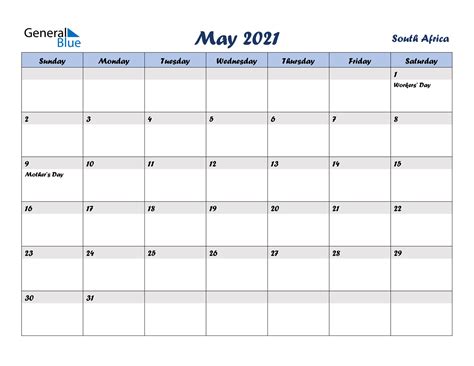South Africa May 2021 Calendar With Holidays