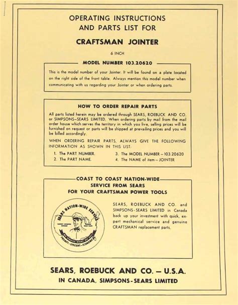 Craftsman Jointer Instructions And Part Manual Ozark