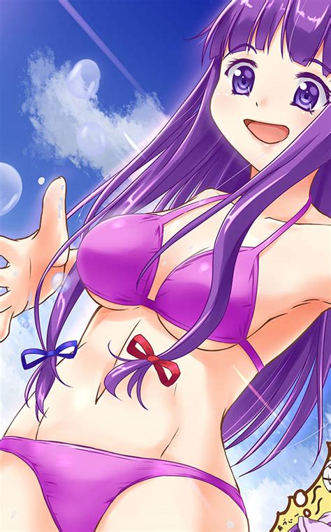 Patchouli Knowledge Touhou Commentary Request 1girl Bikini Blue Ribbon Blue Sky Breast