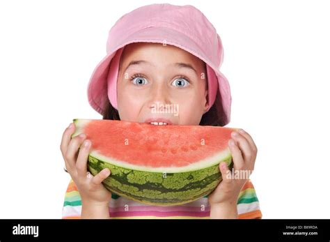 Adorable Girl Eating Watermelon A Over White Background Stock Photo Alamy