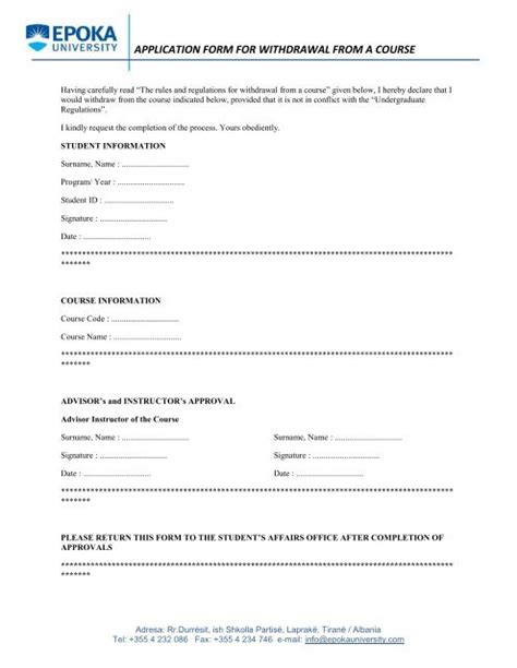 Application Form For Withdrawal From A Course