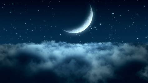 Flying Through Dense Clouds At Night With Beautiful Crescent Moon And