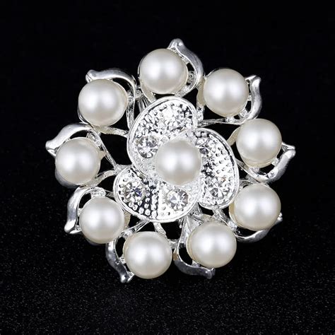 Silver Plated Brooch Small Round Flower Rhinestone Imitation Pearls Pins Brooches For Women