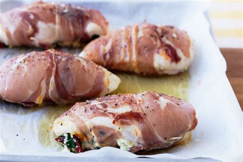 This easy entrée is ready in under 30 minutes. Prosciutto-wrapped chicken with ricotta, spinach and sun ...