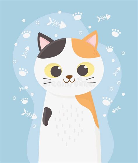 Cute Cat Pet With Spots Fishbone And Paws Cartoon Stock Vector