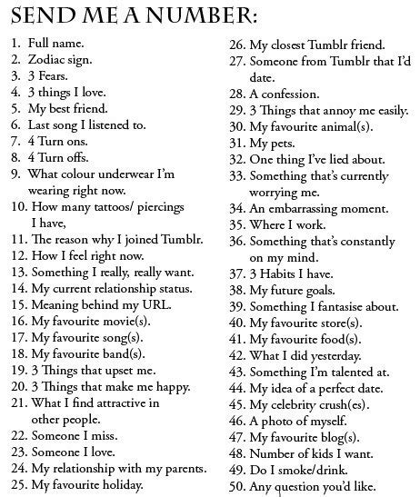 Send me a number challenge. ask me random questions | Tumblr