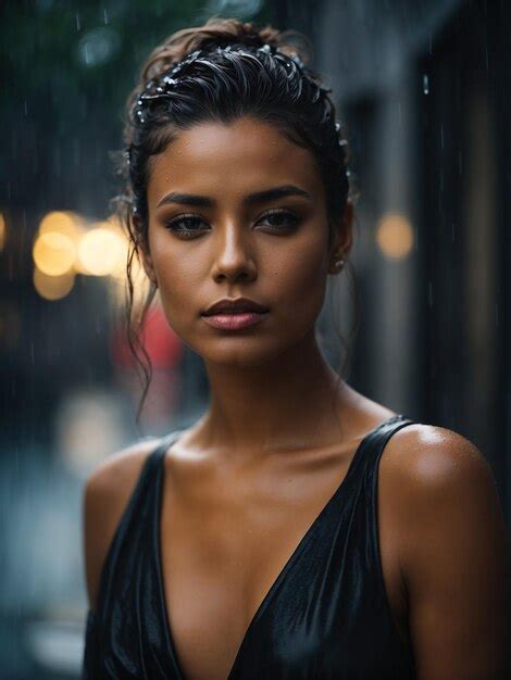 Premium Ai Image Woman In A Black Dress Standing Gracefully In The Pouring Rain With Her