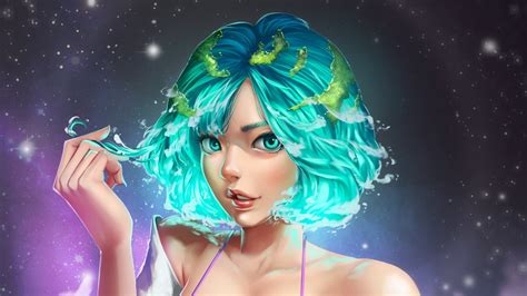 Download Blue Short Hair Anime Girl Digital Art 2048x1152 Wallpaper