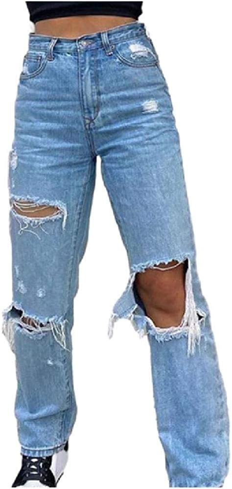 Np High Waist Hole Ripped Straight Mom Jeans Women Casual Streetwear