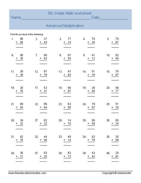 Multiplication Worksheets 5th Grade Printable