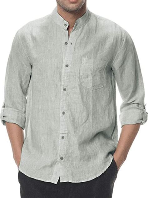 enjoybuy mens linen cotton mandarin collar casual button down shirt long sleeve regular fit