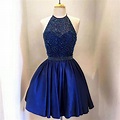 Navy Blue Beaded Satin Short Homecoming Dresses For Teens - Bohogown