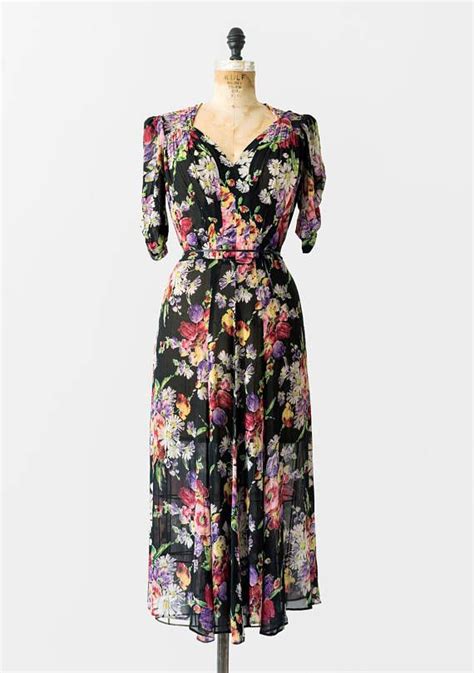 1930s Rayon Chiffon Dress 30s Black Floral Casual Midi Dress Size M