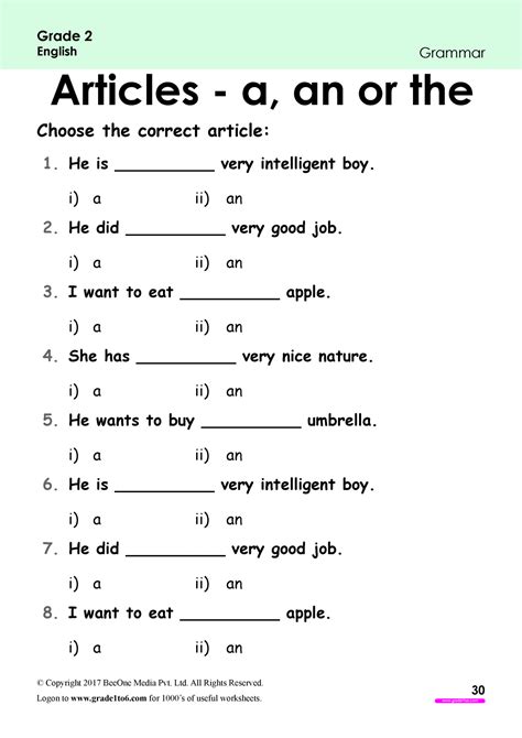 Free Printable Worksheets On Articles For Grade 2