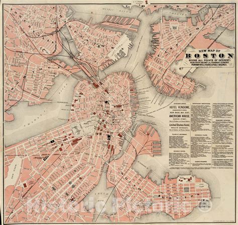 Historical Map C1883 New Map Of Boston Giving All Points Of Interest