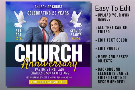 Church Anniversary Social Media Flyer Template Editable Worship Service Flyer Design