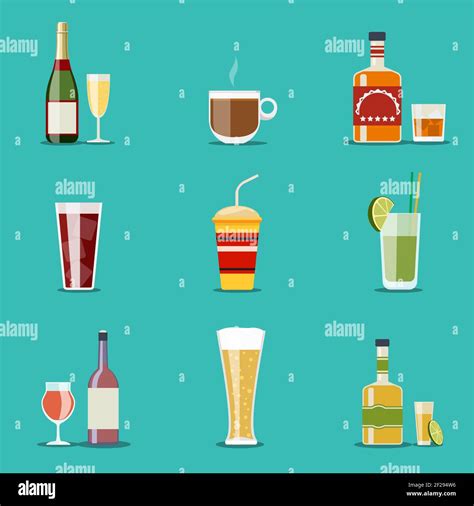 Drink Flat Icons Alcohol And Beer Wine Bottles Cocktail And Champagne Wineglass And Tequila