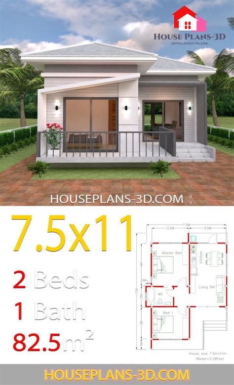 55 top pictures grundriss haus 9x9 : House Plans 7.5x11 with 2 Bedrooms Hip roof in 2020 | Haus ...