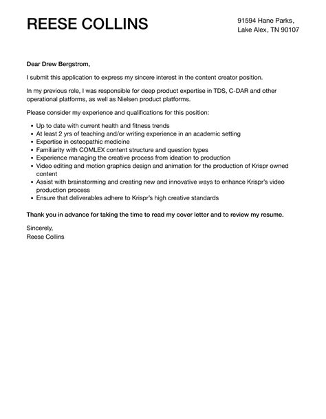 Content Creator Cover Letter Velvet Jobs