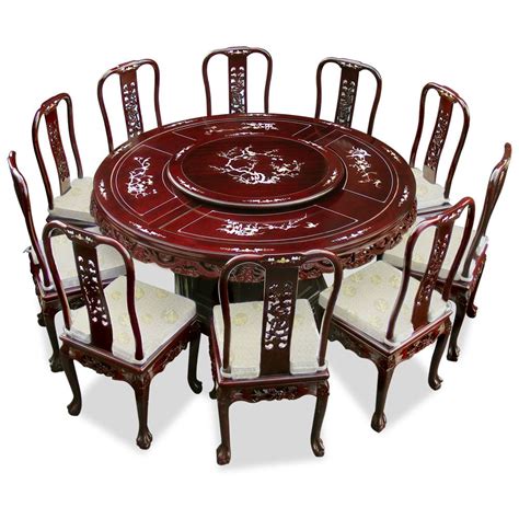 66in Rosewood Pearl Inlay Design Round Dining Table With 10 Chairs