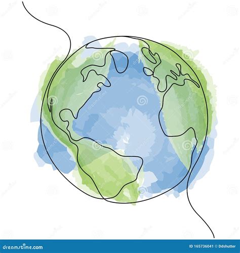 One Line Style World With Watercolour Minimal Style Globe Earth