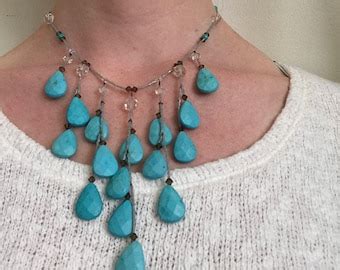 Turquoise Blue Silver Teardrop Beaded Necklace W Leather