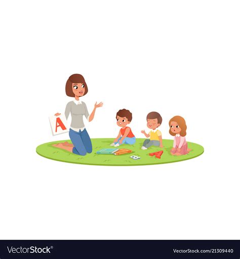 Teacher And Little Kids Sitting On Soft Carpet Vector Image