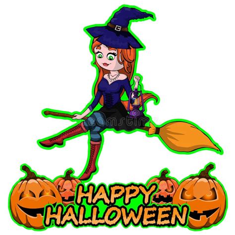 Cute Witch On Broom Wishes Happy Halloween On White Isolated Background