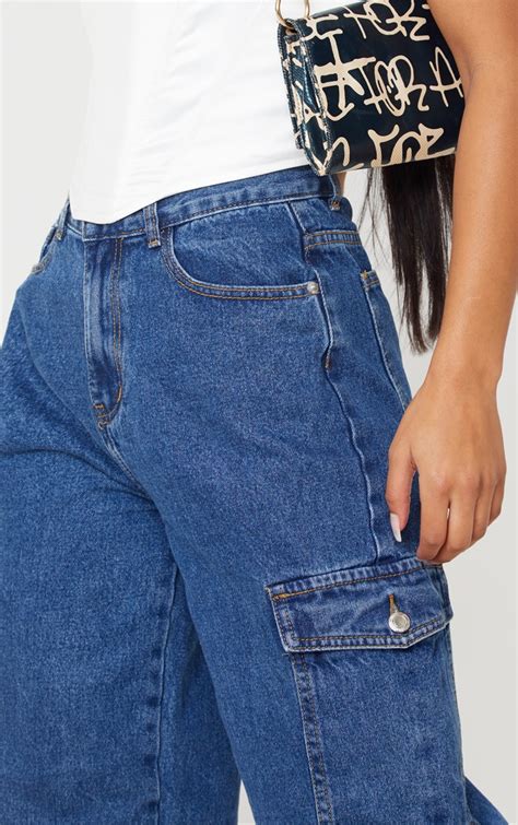 Dark Wash Baggy Pocket Detail Jeans Denim Prettylittlething Qa