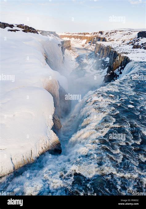 Aerial View Snowy Landscape Gorge Canyon With Falling Water Masses