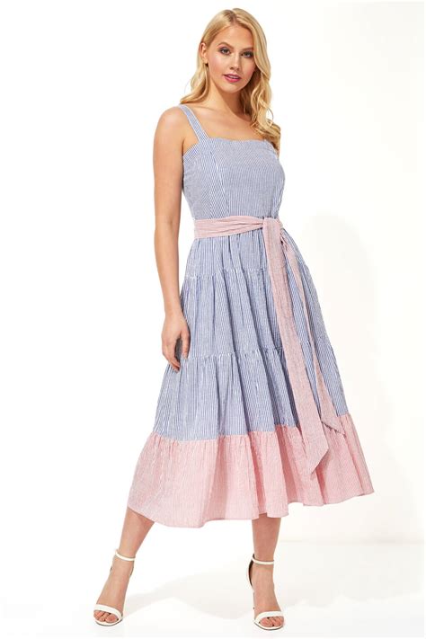 Stripe Tiered Cotton Midi Dress In Blue Roman Originals Uk