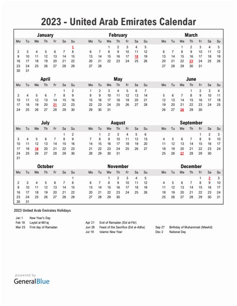 2023 United Arab Emirates Calendar With Holidays