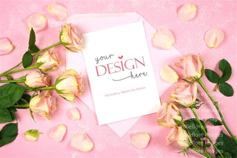 Greeting Card Blush Pink Roses Mockup Flatlay Photo Etsy