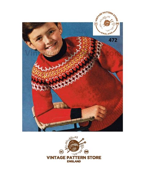 Boys 70s Vintage Fair Isle Yoke Yoked Crew Neck Dk Raglan Sweater