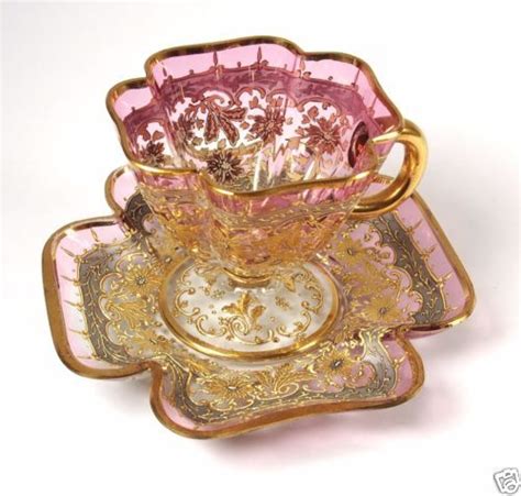 Antique Bohemian Czech Moser Glass Teacup And Saucer Cranberry Gold Vtg Glass Tea Cups