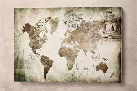 Vintage Travel Map With Landmarks Leather Printbig Size World Mapwall