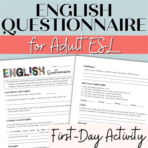 English Questionnaire Back To School First Day Activity For Adult Esl