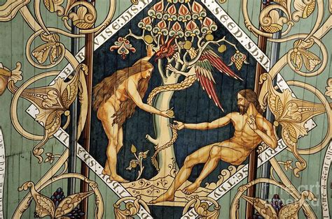 Adam And Eve Temptation By The Serpent Mediaeval Painted Panel On