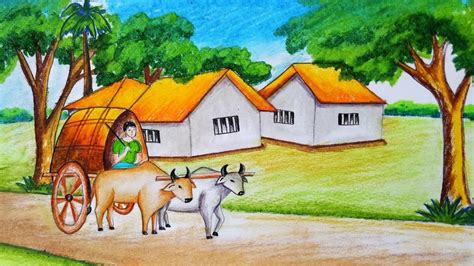 Today i want to go to that other place. How to draw scenery of bullock cart with oil pastel.Step ...